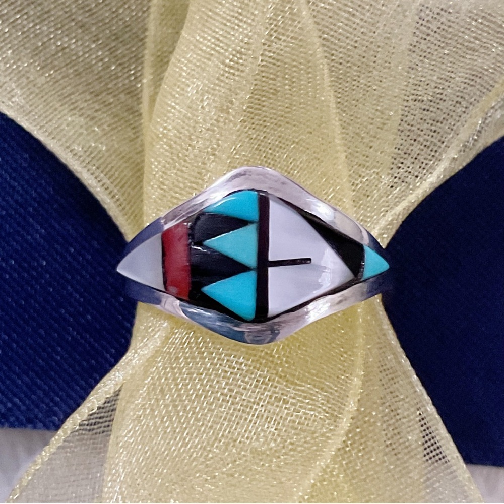 Vintage Zuni Inlay Ring Sterling Silver Turquoise Coral Jet MOP Size 5.5–5.75